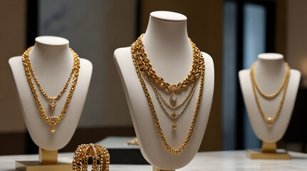 Gold jewelry display, elegant necklaces, luxurious beaded chains, high-end boutique,generative.ai
