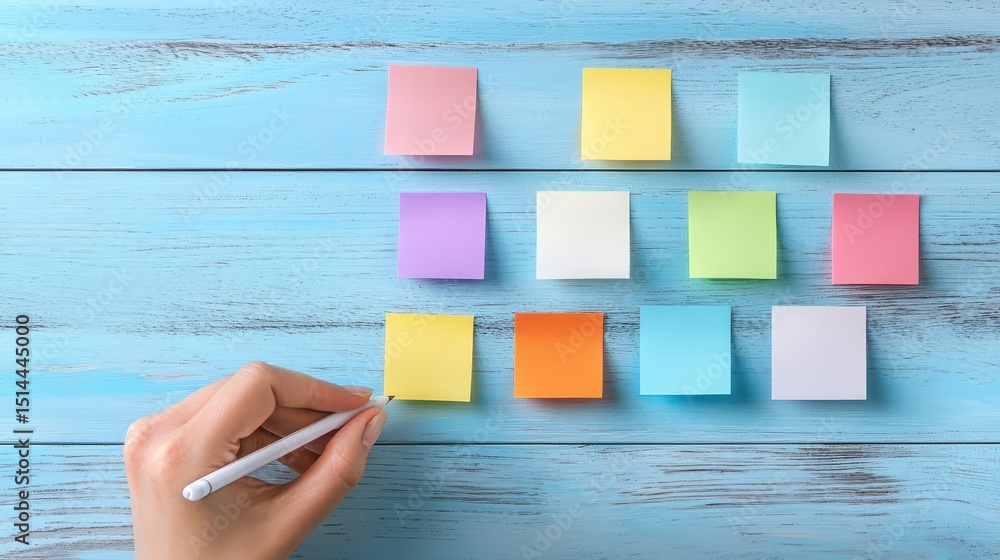 Aufkleber business discussing topview concept. colorful sticky notes arranged on a blue wooden surface with a 