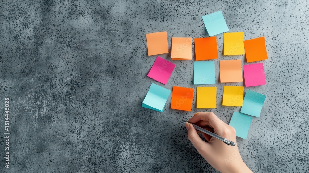 Poster business discussing topview concept. colorful sticky notes arranged on a surface with a hand holding