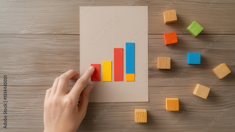 Poster business discussing topview concept. hand placing colorful blocks next to a growth chart on a wooden