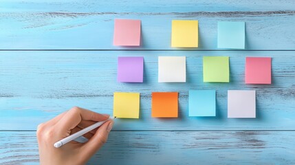 business discussing topview concept. Colorful sticky notes arranged on a blue wooden surface with a hand holding a pen.
