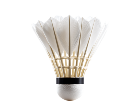 A badminton shuttlecock with white feathers on the top, isolated against a transparent background
