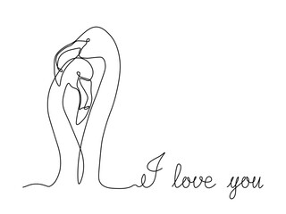 Abstract card with inscription I love you and couple of lovers,Two flamingos hugging, continuous single one line art drawing sketch, logo