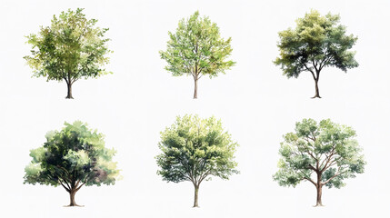 Fototapeta premium Six watercolor trees standing in harmony embodying nature s serene beauty and peace on a clean