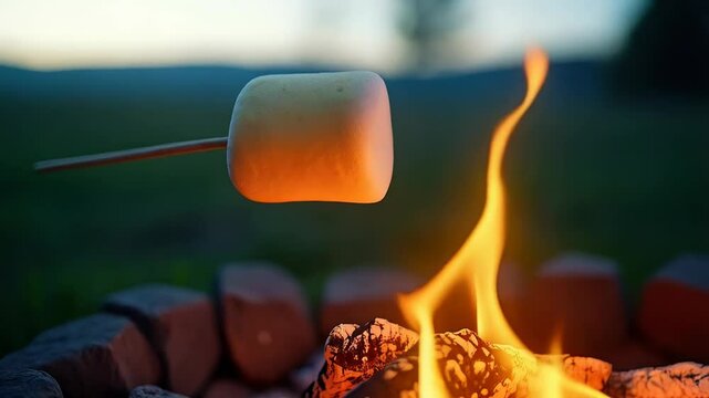 A golden marshmallow roasts over a vibrant campfire, flames leaping against a blurred green backdrop. Cozy and warm