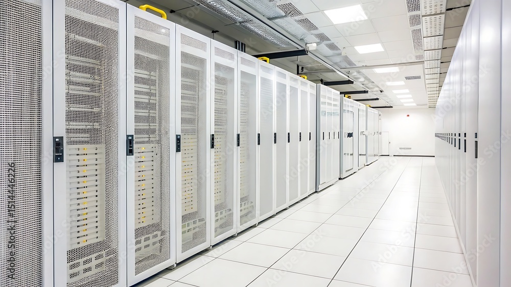 Poster modern data center interior with white server racks and cable systems representing advanced cloud co