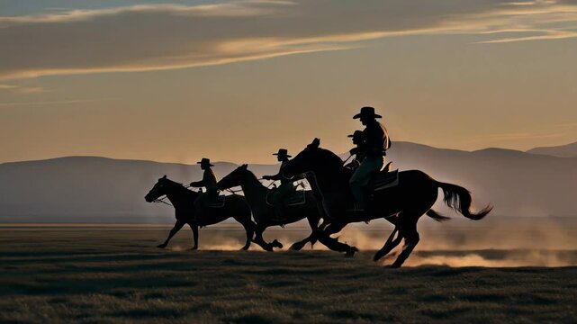 Four cowboys galloping on horses at sunset, side view