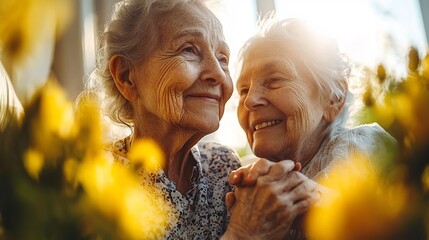 Close up of elderly woman holding hand of caregiver capturing tenderness of care nursing home soft lighting conveying warmth vulnerability ultra detailed realism deep emotional storytelling cinematic