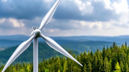 Close up view of a white wind turbine against a backdrop of a lush green forest and a cloudy sky. The image evokes a sense of clean energy and