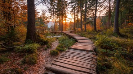 Autumnal Serenity: Wooden Path Through a Sunlit Forest