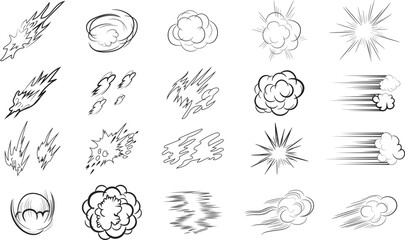 Comic Style Explosion, Smoke, and Speed Line Effects Set Black and White Vector Elements for Action Scenes