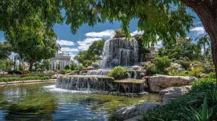 Serene Waterfall Oasis: A Picturesque Garden Paradise