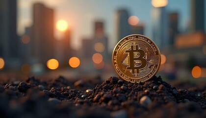 A glimmering Bitcoin coin is set on a small pile of soil, against the backdrop of a bustling cityscape at dusk, symbolizing the potential of digital currency in a rapidly evolving financial landscape.