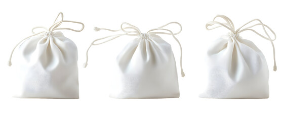 Naklejka premium Three White Drawstring Bags Isolated on Transparent Background Featuring Tied Closures Soft Cloth Texture and Delicate Details
