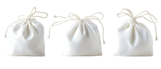 Three White Drawstring Bags Isolated on Transparent Background Featuring Tied Closures Soft Cloth Texture and Delicate Details