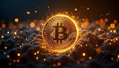 A close-up view of a glowing bitcoin token surrounded by shimmering bokeh lights, representing the essence of cryptocurrency. This captivating digital currency is ready for all crypto investors.