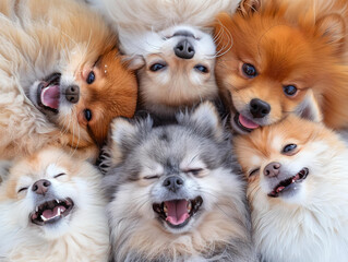 笑顔で舌を出した6匹の長毛小型犬のポメラニアンの愛らしい集合写真 - 茶色と白とグレーの毛色をした可愛いペットたちの幸せそうな表情のクローズアップ撮影 - 生成AI