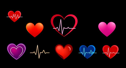 Set of heart and heartbeat icons, Heartbeat icon pack, Heart with ECG line vector, Medical heart and pulse icons, Heart and cardiogram vector, Love and heartbeat icon set, Heart rate symbol collection