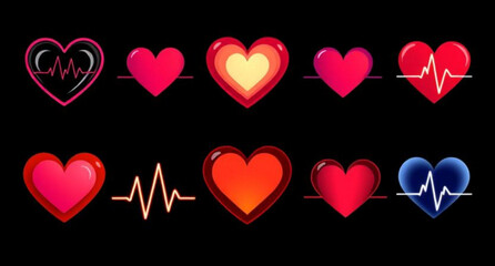 Set of heart and heartbeat icons, Heartbeat icon pack, Heart with ECG line vector, Medical heart and pulse icons, Heart and cardiogram vector, Love and heartbeat icon set, Heart rate symbol collection