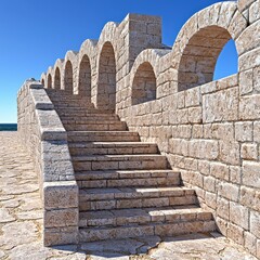 Ancient stone structure with arched walkways and stairs leading to the ocean under a clear blue sky. Light beige stone blocks create a textured