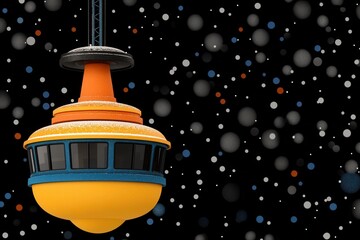 A whimsical, snow covered, yellow and orange spinning top shaped object hangs against a dark background speckled with white and colored dots. The