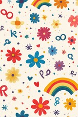 Minimalistic pride parade flyer featuring colorful flowers, rainbows, hearts, and symbols on a white background