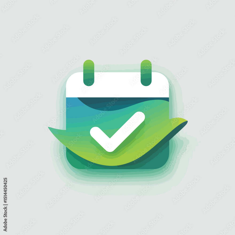 Poster modern calendar icon with green checkmark representing scheduled task completion, business planning,
