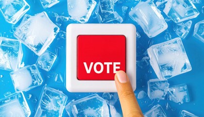 A finger presses a red "VOTE" button surrounded by ice cubes on a blue surface.