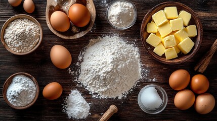 Baking memories with love ingredients for a classic cake eggs flour butter on a wooden table top with warm inviting and