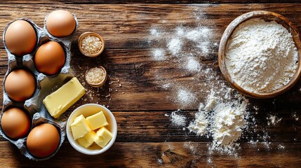 Baking essentials laid out for a morning of culinary creativity flour dust dances in the light captured in warm tones on