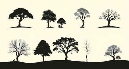 Fototapeta premium Set of tree silhouette, Tree silhouettes vector, Forest tree silhouettes, Black tree icons, Tree line art set, Tree shape silhouettes, Tree outline clipart, Silhouette tree pack, Vector tree silhouett