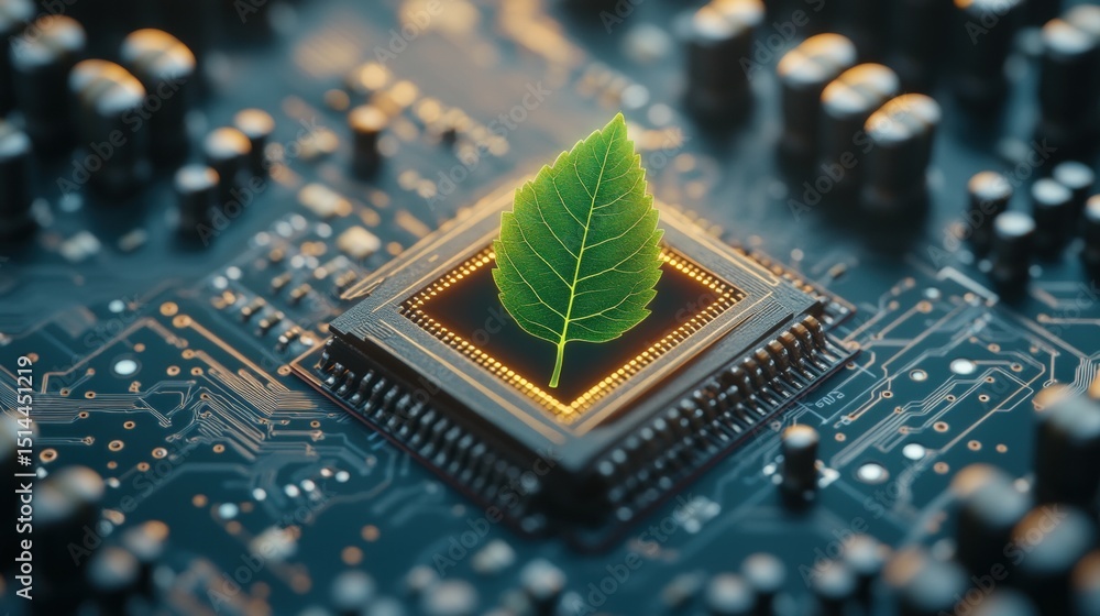 Poster close-up of a vibrant green leaf growing from a microprocessor chip on a circuit board symbolizing t