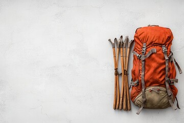 Overhead view of an orange backpack and trekking poles on a light gray speckled background. Ready for adventure. Minimalist composition