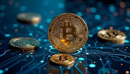 A cluster of Bitcoin digital currency coins gleams in the light, set against a complex circuit board, embodying the futuristic nature of digital finance.