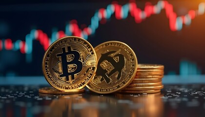 Bitcoin crypto coins symbolizing the volatile nature of digital currency investment with a backdrop of stock market indicators, hinting at potential growth and the dynamic world of cryptocurrency.