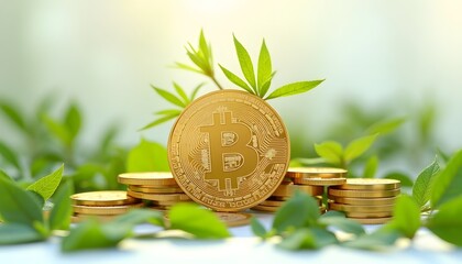 Bitcoin cryptocurrency coin with green leaves, symbolizes growth and investment in digital currency.