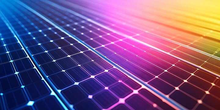 Close-up of solar panels with vibrant rainbow-colored reflections, emphasizing renewable energy and technology