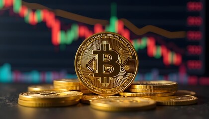 A golden Bitcoin coin sits atop a pile of coins in the foreground, with a stock chart depicting a falling market in the background, suggesting investment losses and volatility.