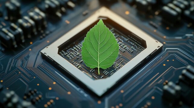 Green leaf resting on a smartphone with code displayed, surrounded by computer circuitry and technology theme