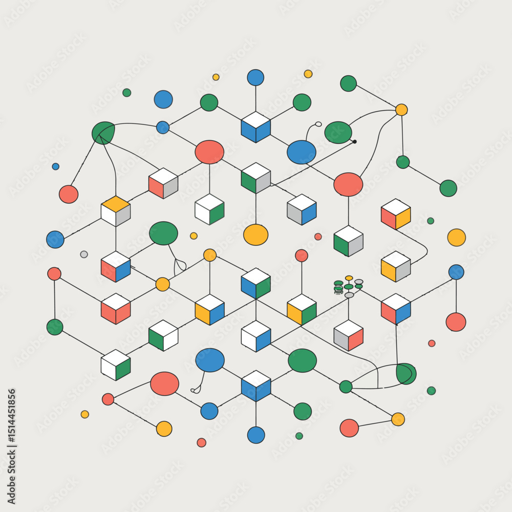Poster abstract technology network with colorful nodes and lines representing blockchain architecture, data