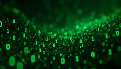 The vibrant emerald glow of binary code dances across a dark backdrop, evoking the dynamic essence of digital technology. Capturing the fluidity and interconnectedness of data.