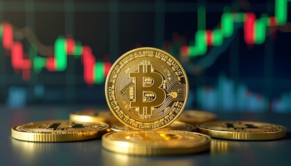 A close-up shot of gleaming Bitcoin tokens, strategically positioned against the backdrop of a financial chart, symbolizing the digital revolution of finance and cryptocurrency.
