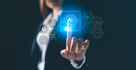 Artificial intelligence ecosystem concept showing digital brain connected icons symbolizing cloud computing data processing, machine learning, automation, cybersecurity. business digital technology.