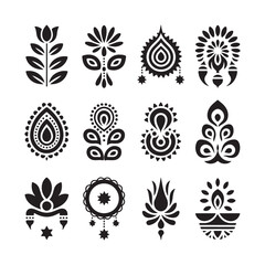 A collection of nine black and white, stylized floral and paisley patterns.