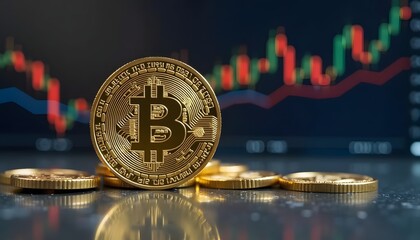 Golden bitcoin coins gleam in the soft light, set against the backdrop of a dynamic financial chart, symbolizing the evolving world of digital currency.