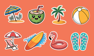Cute Summer Beach Elements Vector Set on Orange Background