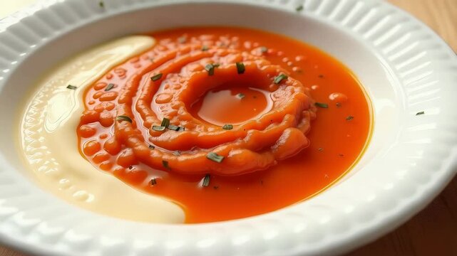 Creamy bisque with a vibrant swirl of tomato and fresh herb garnish, presented in a textured white bowl
