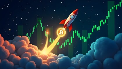 A symbolic image of a rocket blasting off, carrying the Bitcoin logo towards an upward-trending financial chart.