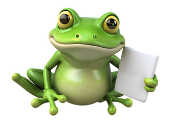3D Cartoon green frog illustration isolated on white background, a cute amphibian character with a happy smile