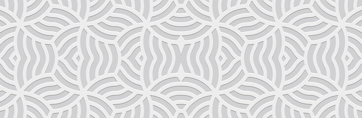 Obraz premium Banner, cover design. Geometric ethnic original linear 3D pattern on white background. Embossed tribal ornaments, arabesques, mandala, fresco, painting of the East, Asia, India, Mexico, Aztec, Peru.